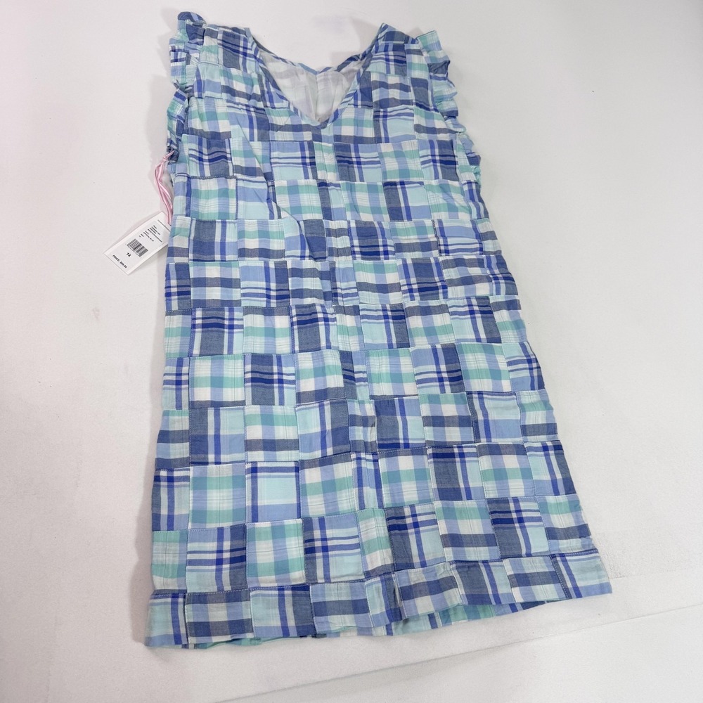 Vineyard Vines Dress Girls 14 Blue Patchwork Madras Flutter Sleeve Shift Cotton